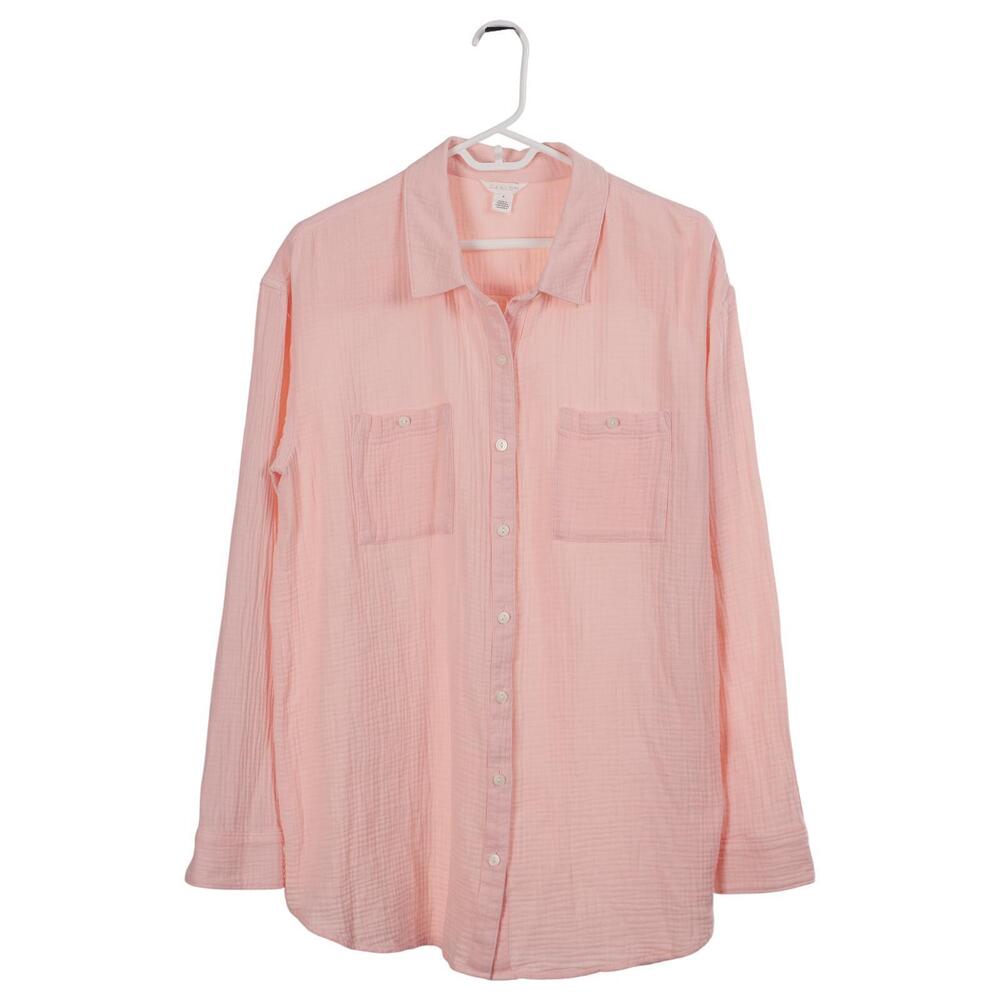 Caslon Top M Pink Cotton Gauze Button-Up Long Sleeve Casual Shirt Tunic